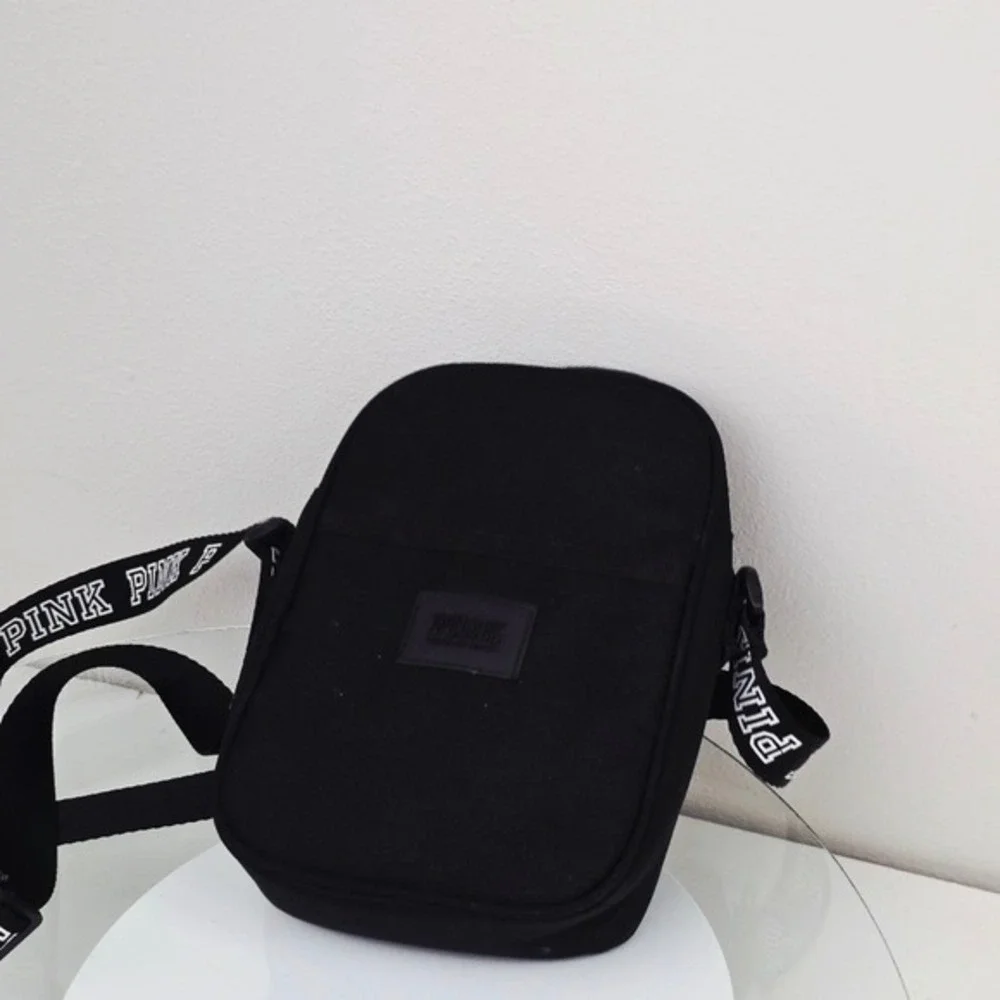 PINK Victoria's Secret Crossbody Bag OS Black Canvas Logo Strap Sporty Festival